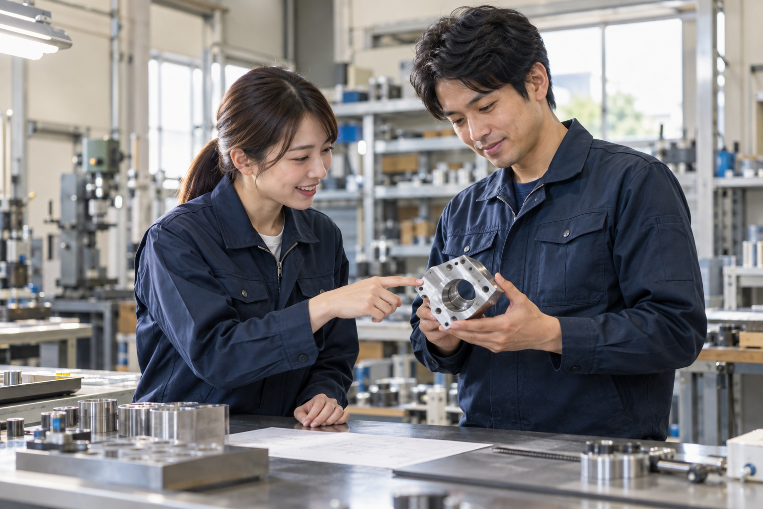 作業台で金属部品を確認する2人の社員のイメージ。AI生成画像。